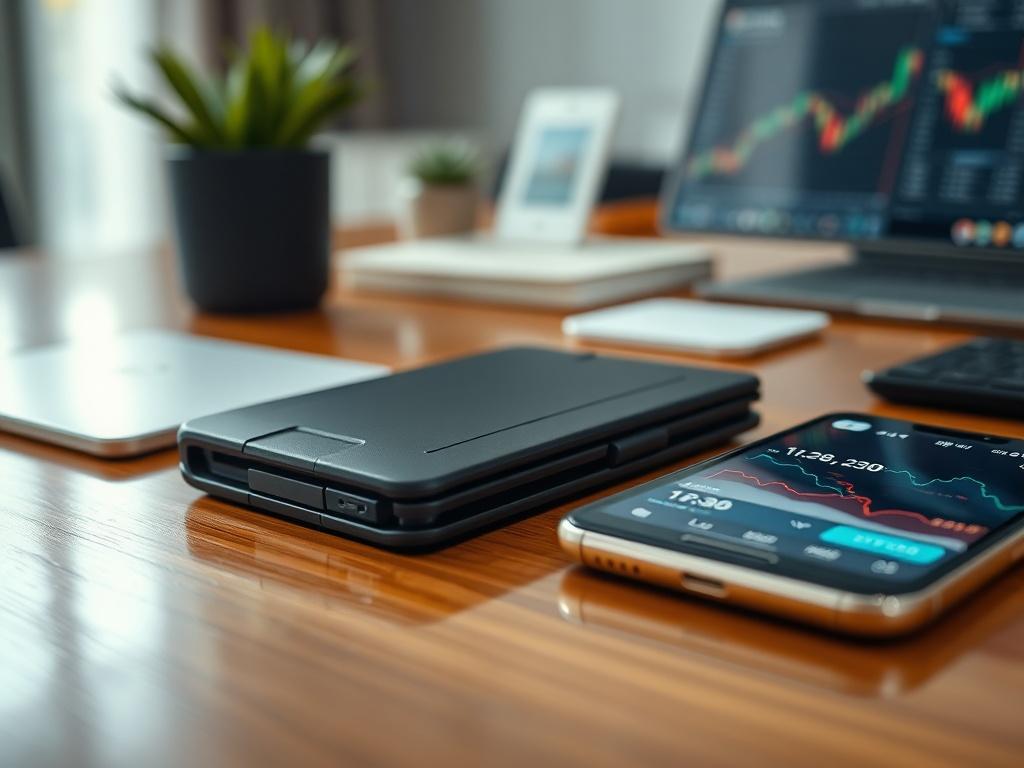 A close-up shot of a sleek, modern hardware crypto wallet resting on a polished wooden table, with a smartphone displaying cryptocurrency market data beside it. The wallet’s design is elegant and secure, emphasizing cutting-edge technology. The background is softly blurred to keep the focus on the wallet, with hints of a stylish office environment. The image should be captured with a 45mm f/1.2 lens style, incorporating the primary color rgb(2, 86, 197) in decorative elements around the workspace.