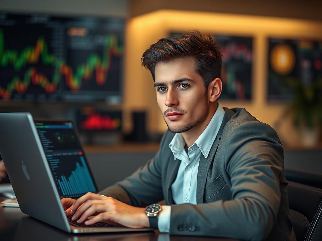 A close-up shot of a professional-looking individual sitting at a modern desk with a laptop open, displaying cryptocurrency data. The individual has a focused expression, showcasing determination and intelligence. The background is softly blurred, highlighting the subject while incorporating elements of a tech-savvy environment, such as cryptocurrency visuals and charts. The image should be shot with a 45mm f/1.2 lens style, emphasizing the primary color rgb(2, 86, 197) in details around the workspace.