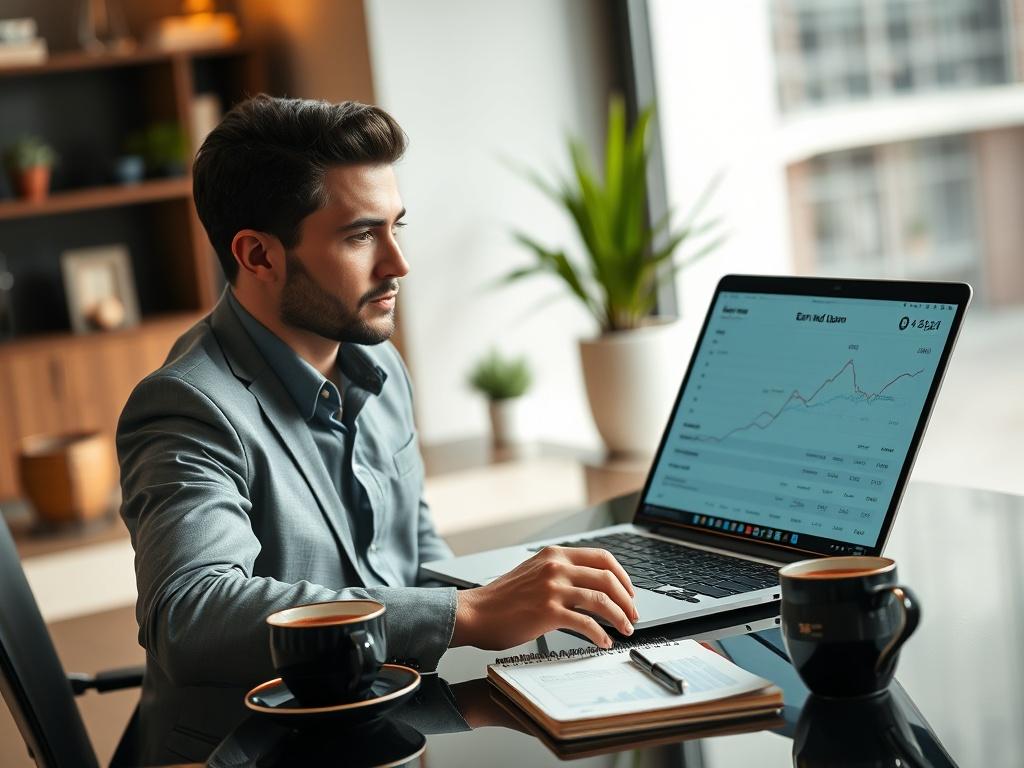Create a hyper-realistic, high-resolution close-up image that encapsulates the title "Unlock Your Earning Potential with Crypto Affiliates." The focal subject should be a confident individual sitting at a modern, sleek desk, with a laptop open in front of them displaying crypto affiliate program statistics. Ensure the subject is depicted in a thoughtful pose, perhaps gesturing towards the screen as if explaining the powerful benefits of the Earn and Learn model. 

The background should be subtly blurred to 