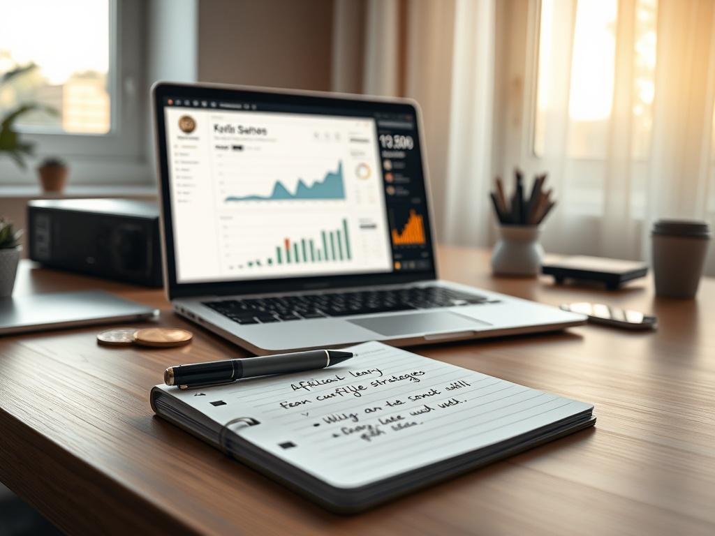 **AI Image Generation Prompt:**

Create a realistic high-resolution photo that captures the essence of a "New Blog Post" focused on cryptocurrency affiliate services and earning opportunities. The composition should be simple and clear, featuring a single subject: a well-organized desk workspace. The desk should showcase a laptop open to a cryptocurrency dashboard, with graphs and statistics displayed on the screen, reflecting growth and potential earnings. 

In the foreground, place a notepad with handwrit