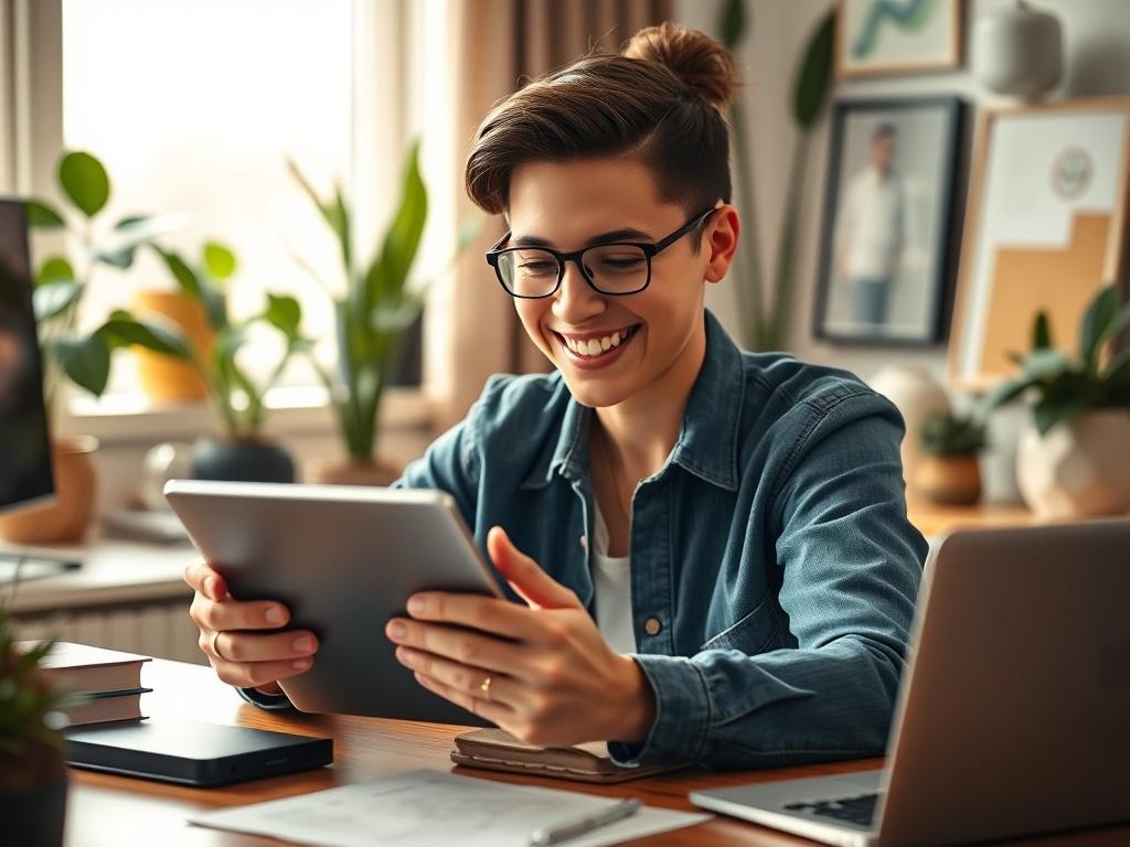 A high resolution image of a person happily reviewing their