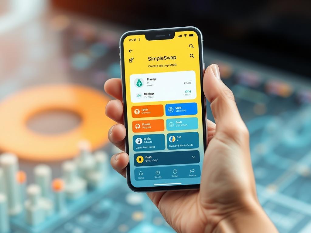 **AI Image Generation Prompt:**

Create a highly realistic, high-resolution photo that reflects the concept of cryptocurrency swapping with a focus on "SimpleSwap – The Fastest Way to Swap Crypto Instantly." 

**Composition:** 
- The image should be a close-up shot, emphasizing a single subject: a modern smartphone displaying a vibrant, animated interface of the SimpleSwap application. 
- The screen should show a simplified layout with visible swap options for different cryptocurrencies without any text. En