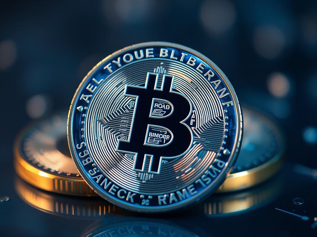 A hyper-realistic close-up shot of a shiny, futuristic cryptocurrency token with intricate design details, set against a soft-focus background. The token is prominently displayed to emphasize its unique features, with subtle lighting highlighting its metallic texture. The color palette incorporates shades of blue, particularly rgb(2, 86, 197), to align with the business branding.