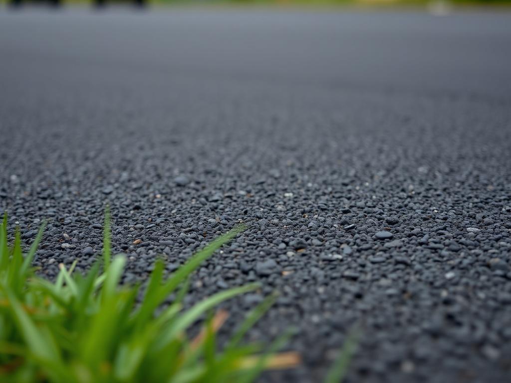 A realistic high-resolution close-up shot of a newly paved asphalt surface, showcasing its smooth texture and dark color. The background should be blurred to emphasize the pavement, with a hint of green grass in the foreground to contrast with the asphalt. The image should be shot with a 45mm f/1.2 lens style, capturing the quality and precision of the pavement work.