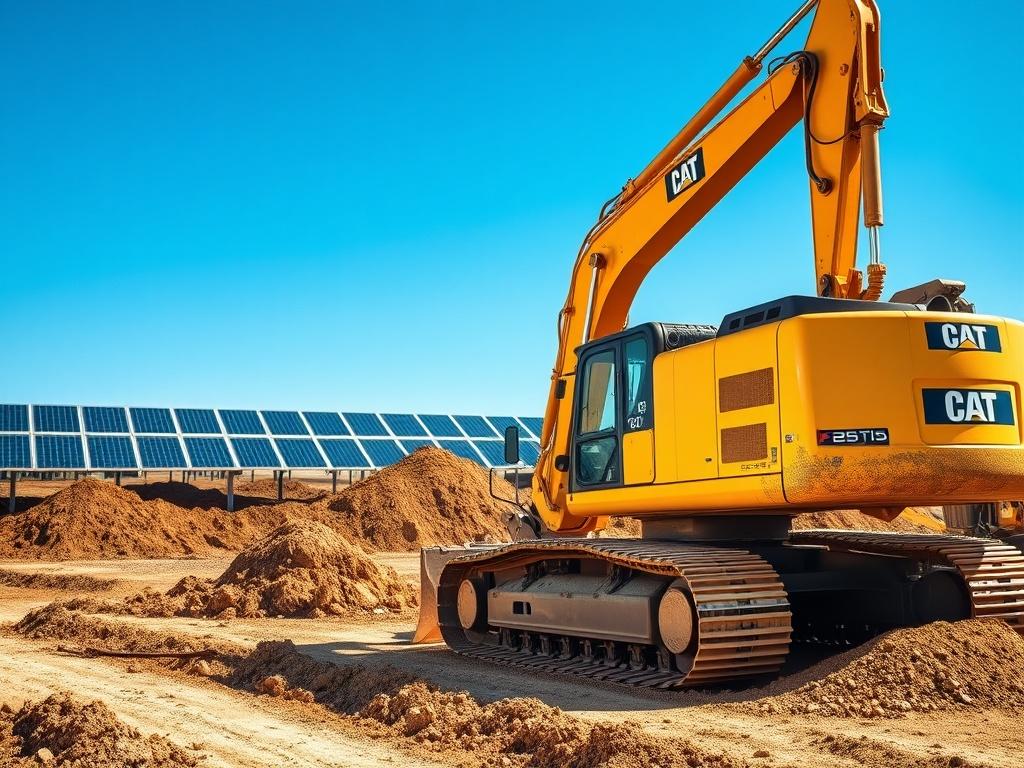 A realistic close-up shot of an excavator working on a large-scale excavation site for solar farm development. The image should capture the heavy machinery in action, with piles of earth being moved and a clear view of solar panels in the background. The lighting should be bright and natural, emphasizing the construction activity and the clear blue sky.