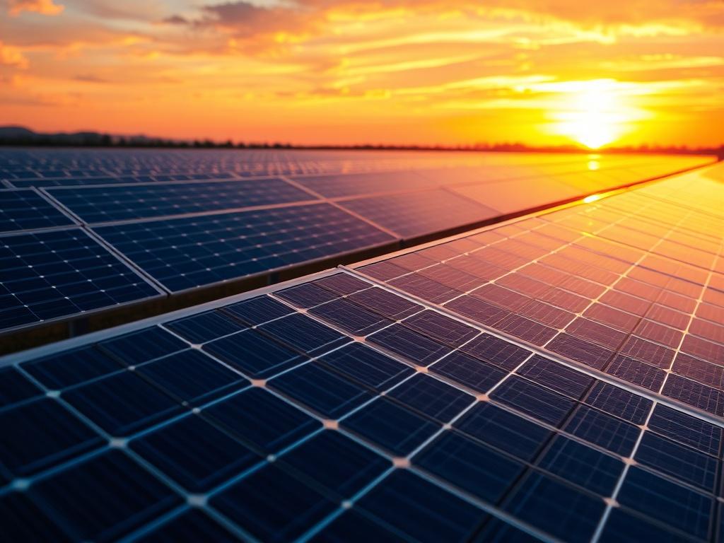 A hyper realistic image of a solar farm during sunset,