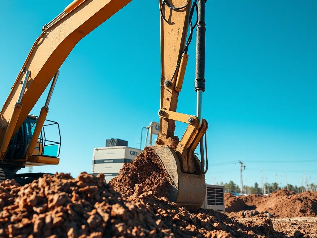 A close-up shot of an excavator working on a construction site, with dirt being moved. The background features a clear blue sky and minimal vegetation, showcasing the machinery's power and precision. The image should be hyper-realistic, focusing on the excavator and the action of excavation, with vibrant colors that match the rgb(4, 104, 120) primary color.