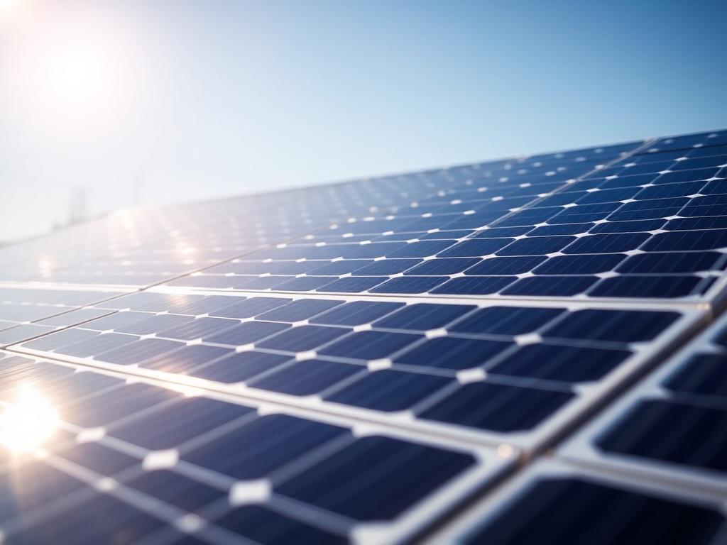 A close up shot of a solar farm, showcasing solar