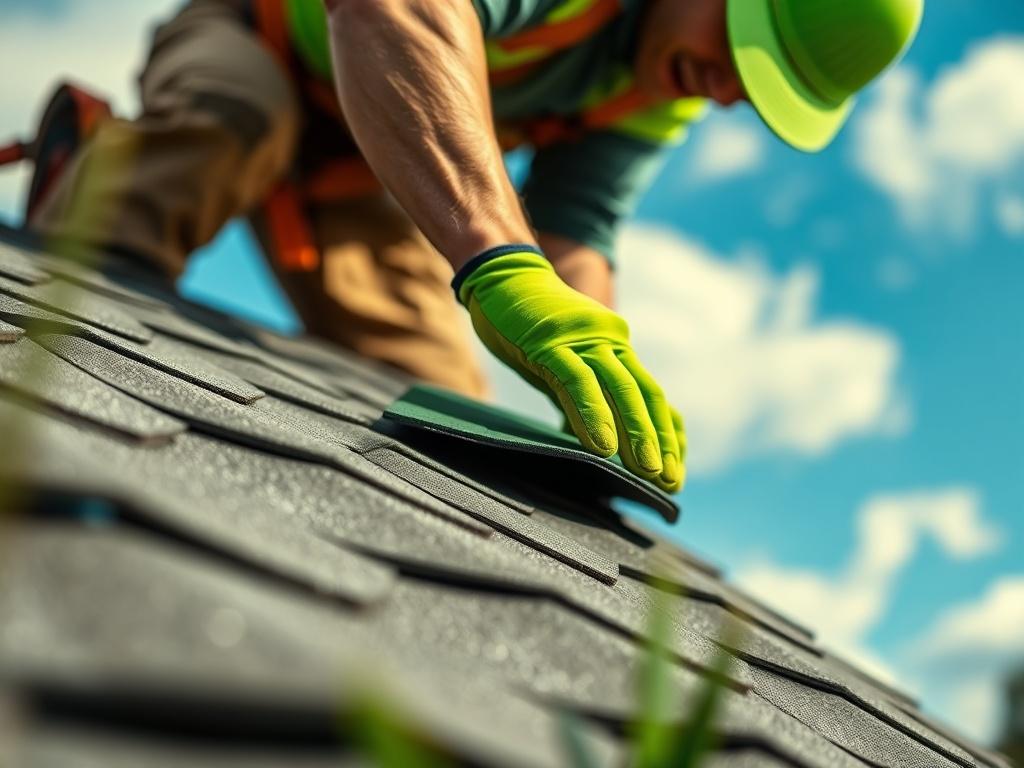 A close-up shot of a skilled roofer installing shingles on a residential roof. The background shows a clear blue sky and a few clouds, emphasizing a sunny day. The focus is on the roofer's hands expertly placing the shingles, showcasing the craftsmanship. The image should have vibrant colors, with the primary color being green (rgb(50, 170, 39)) subtly reflected in the surroundings, such as plants or equipment.