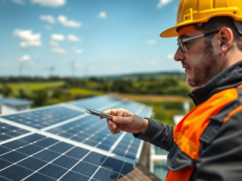 A close-up shot of a construction worker examining a solar panel installation site, showcasing the intricate details of the solar panels and tools. The background should be a blurred view of a green landscape with a clear sky, emphasizing clean energy and sustainable development. The image should be hyper-realistic, shot with a 45mm f/1.2 lens, highlighting the focus on the worker's determined expression and the technology in action.