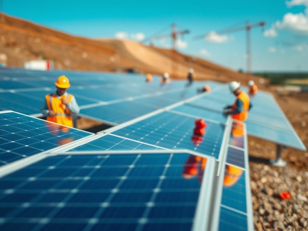 A close-up shot of a construction site showcasing solar panels being installed, with workers in safety gear actively engaged. The background should be blurred, emphasizing the solar panels and workers, while the overall composition is vibrant and realistic, highlighting the innovation in land development for energy resources. The image should be captured with a 45mm f/1.2 lens style.