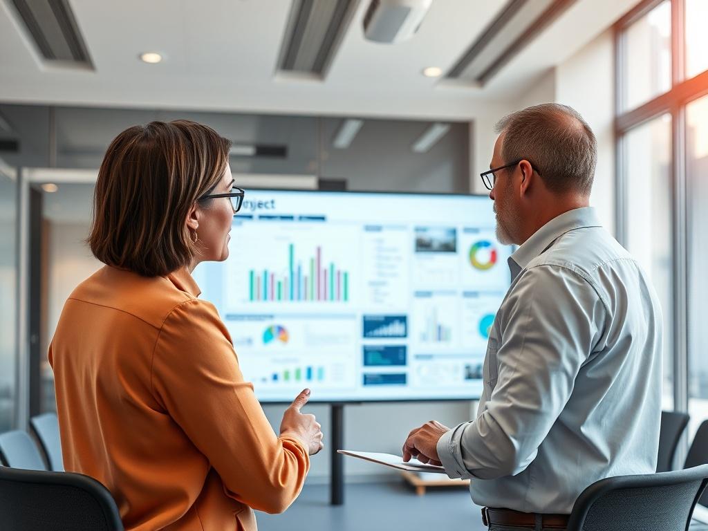 A project manager and a client reviewing a detailed project plan on a large screen in a meeting room. The room is bright and modern, with charts and graphs displayed. The focus is on their engaged discussion, highlighting collaboration and strategic planning.