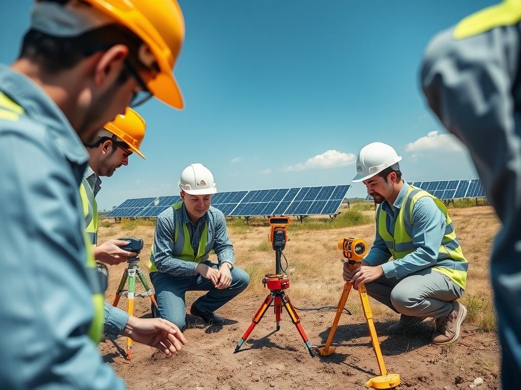 A team of professionals in hard hats conducting a site assessment on a plot of land, using equipment like soil testers and measuring tools. The landscape is open, with visible solar panels in the background. The focus is on teamwork and analysis, capturing the essence of a thorough evaluation process.