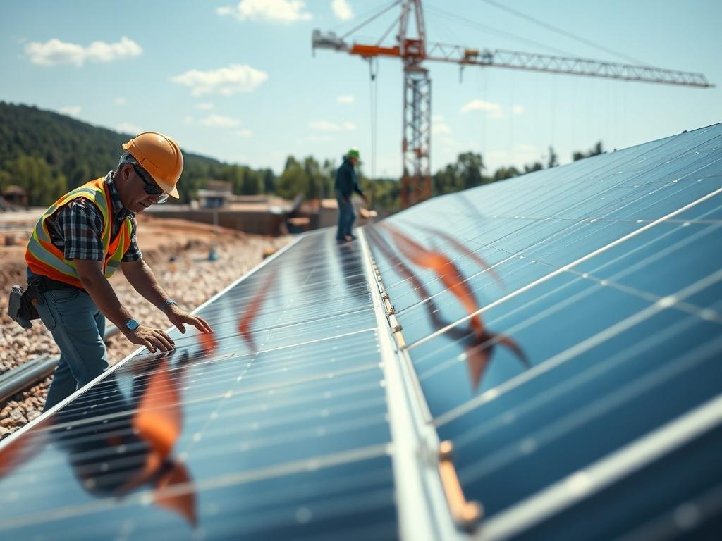 A construction site with workers installing solar panels on a sunny day. The scene captures the dynamic nature of the project, with machinery and tools in use. The focus is on teamwork and active engagement in the construction process, showcasing progress and dedication.