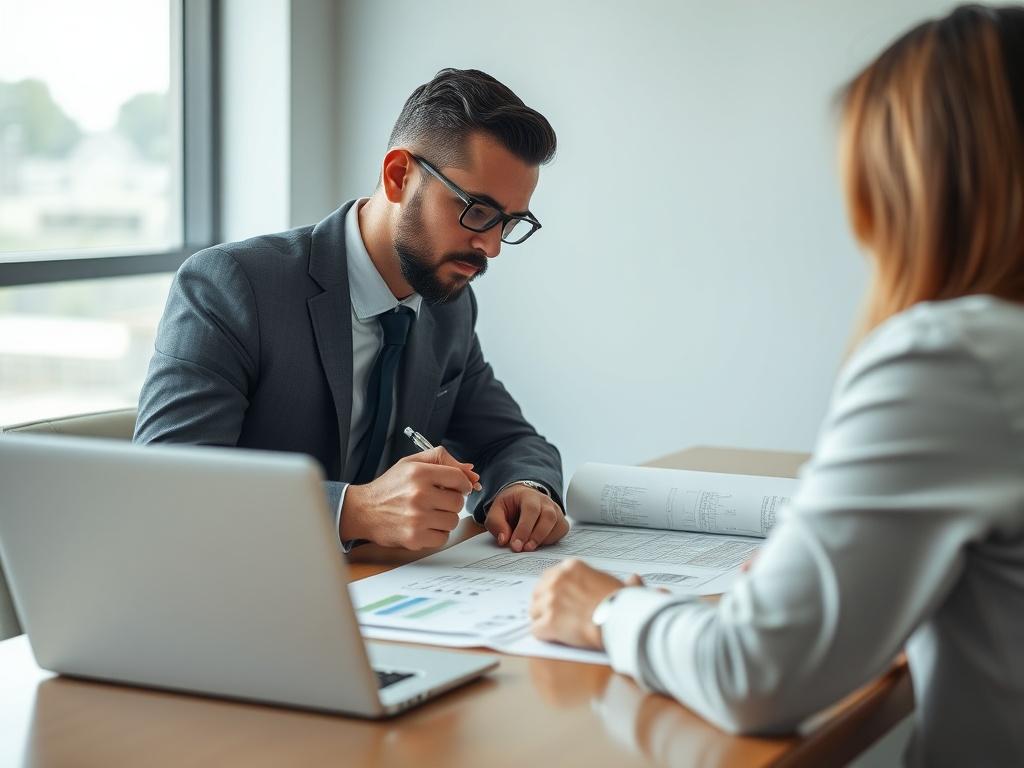 A professional-looking consultant sitting at a conference table with blueprints and a laptop, discussing land development with a client. The setting is a well-lit office, showcasing a modern design. The consultant is engaged, taking notes, while the client appears interested and involved. The focus is on their collaboration, with a soft background blur to emphasize the discussion.