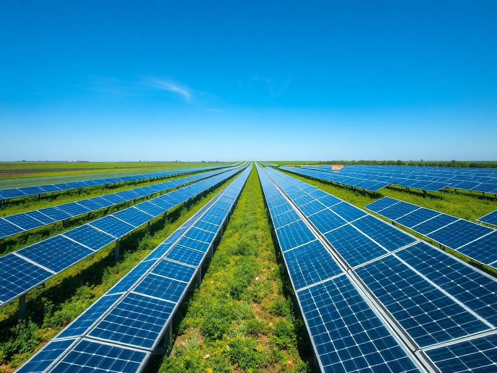A realistic high-resolution photo of a solar farm in Texas, showcasing rows of solar panels under a clear blue sky. The image should have a hyper-realistic quality, with vibrant colors highlighting the green landscape and blue sky. The composition should focus closely on the solar panels, with the Texas horizon in the background, shot with a 45mm f/1.2 lens style.