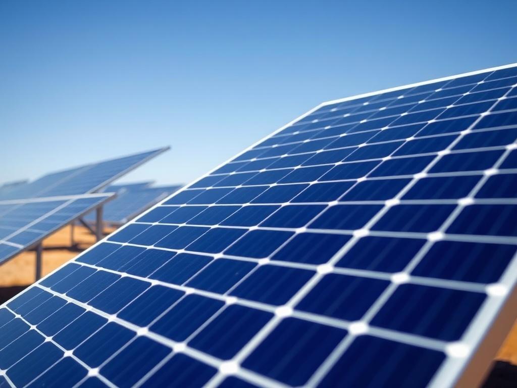 A realistic close-up shot of a solar farm in Texas, emphasizing the solar panels with a clear blue sky in the background. The image should capture the vibrancy of renewable energy in a sunny landscape.
