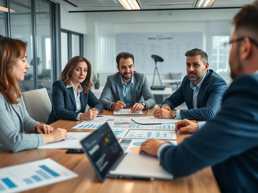 A realistic close-up shot of a team meeting discussing energy asset management, with charts and graphs visible on the table, set in a modern office environment.