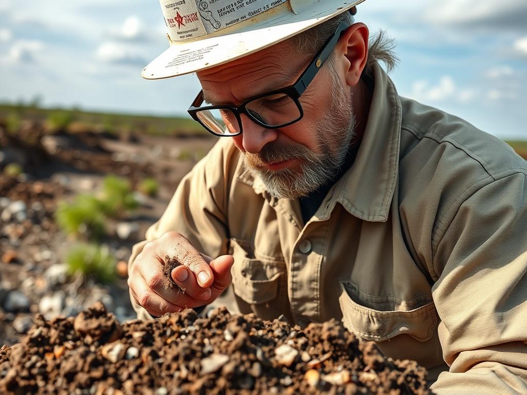 A realistic close-up shot of a geologist examining soil samples on a Texas mineral site, with mineral-rich land in the background, showcasing the exploration process.