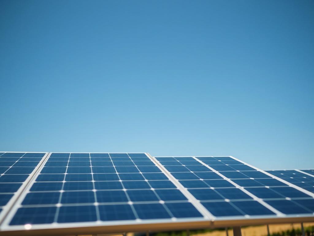 A close-up shot of a solar farm in Texas, showcasing rows of solar panels with a clear blue sky in the background. The image should have bright, vibrant colors to highlight the solar panels reflecting sunlight. The focus should be sharp on the solar panels, capturing the details of the technology, with a soft bokeh effect in the background to emphasize the subject.