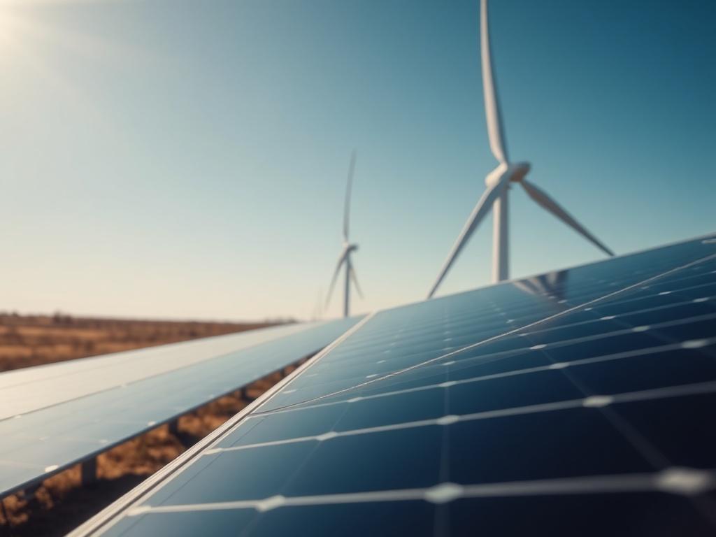 A close-up shot of a renewable energy asset, such as a wind turbine or solar panel, set against a Texas landscape. The image should focus on the technology, capturing details of its structure and functionality, with a bright sky in the background. Use a sharp focus on the asset, ensuring the surrounding landscape is softly blurred to emphasize the subject.