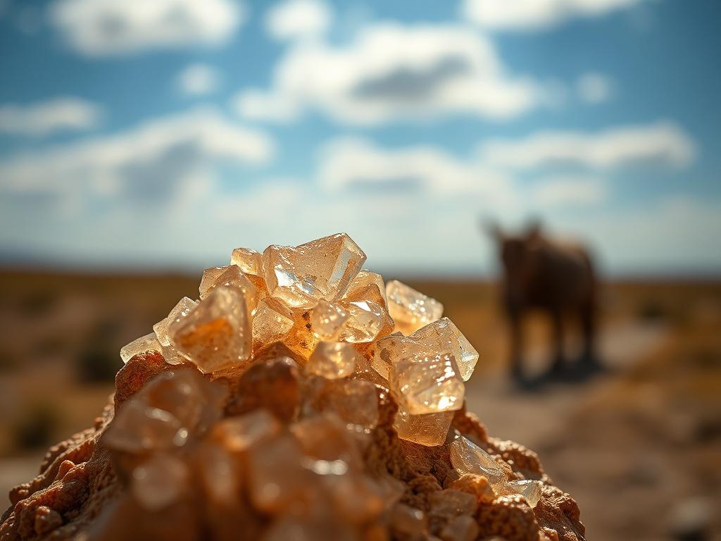 A close-up shot of a mineral sample, showcasing its shiny and textured surface under natural light. The background should be a blurred image of a Texas landscape, emphasizing the connection between land and mineral resources. The focus should be sharp on the mineral, capturing its details and colors, with a soft bokeh effect in the background.