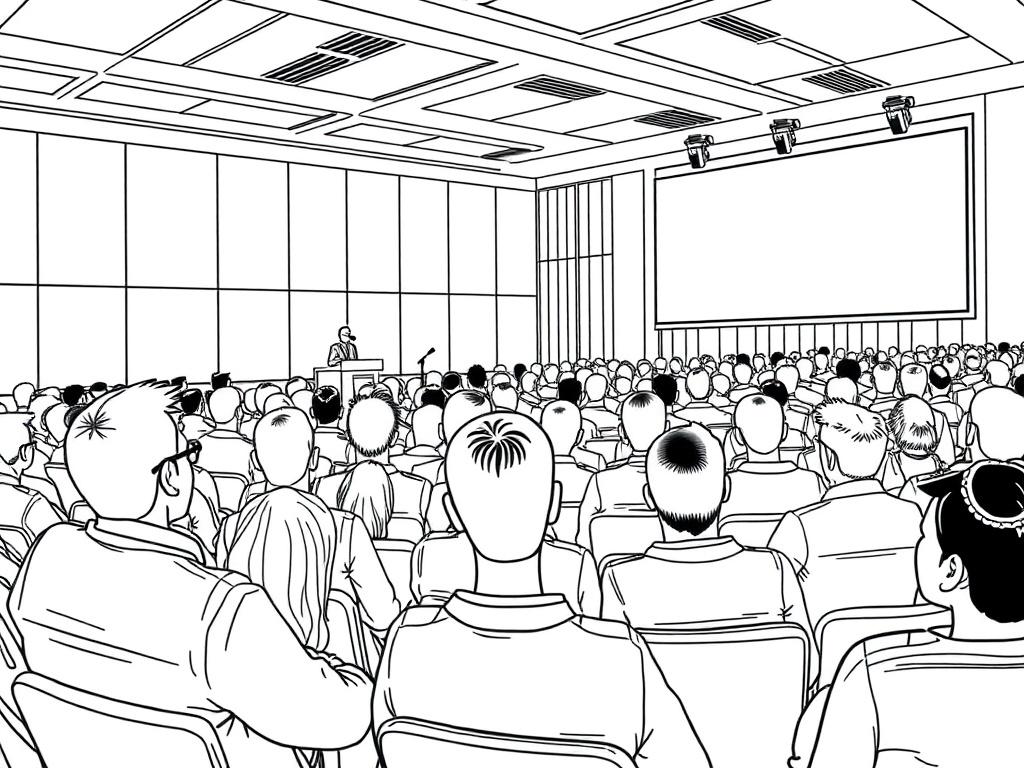A high-quality illustration of a conference room filled with engaged participants listening to a speaker on stage. The room should have a professional look with a podium, microphones, and a large screen displaying the conference title. The audience should be diverse in gender and age, with an atmosphere of focus and interest.