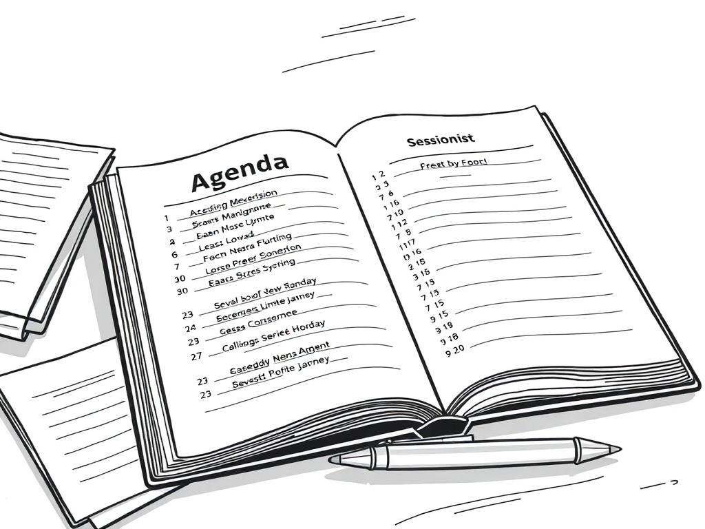 A high-quality illustration of an open agenda book on a desk, with notes and a pen beside it. The agenda should display a structured layout with session titles and times, creating an organized and professional appearance.