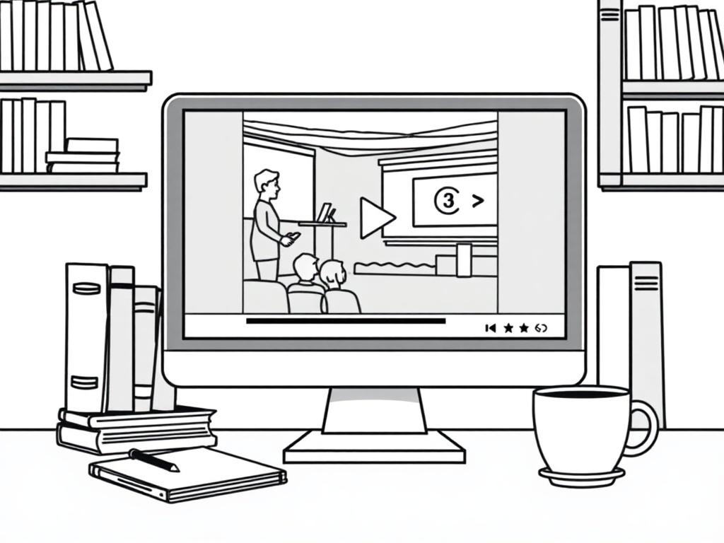 A high-quality illustration of a computer screen displaying a video player with a paused video of a speaker presenting at a conference. The background should include books, a notebook, and a cup of coffee, symbolizing a learning environment.