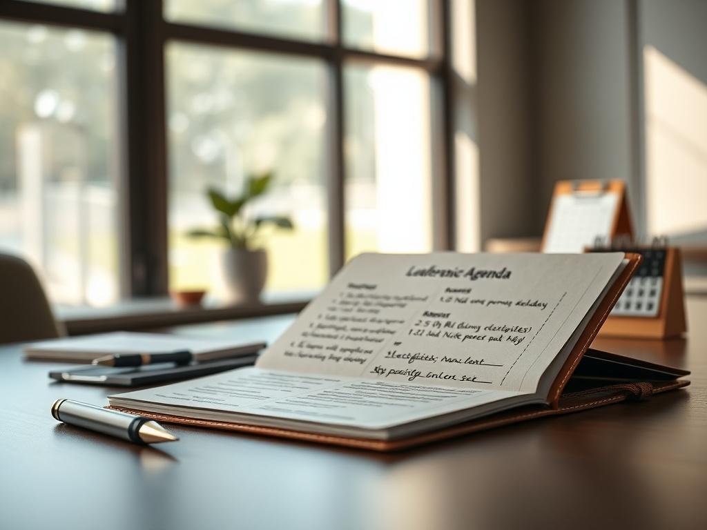 Create a realistic high-resolution photo capturing the essence of a leadership conference agenda. The composition should be simple and clear, featuring a single subject: a neatly arranged desk showcasing an open leather-bound notebook with an elegant pen beside it. The notebook should display hand-written notes outlining key points of the conference agenda, but no text should be visible. 

In the background, there should be a softly blurred, modern conference room setting, highlighting a large window allowi