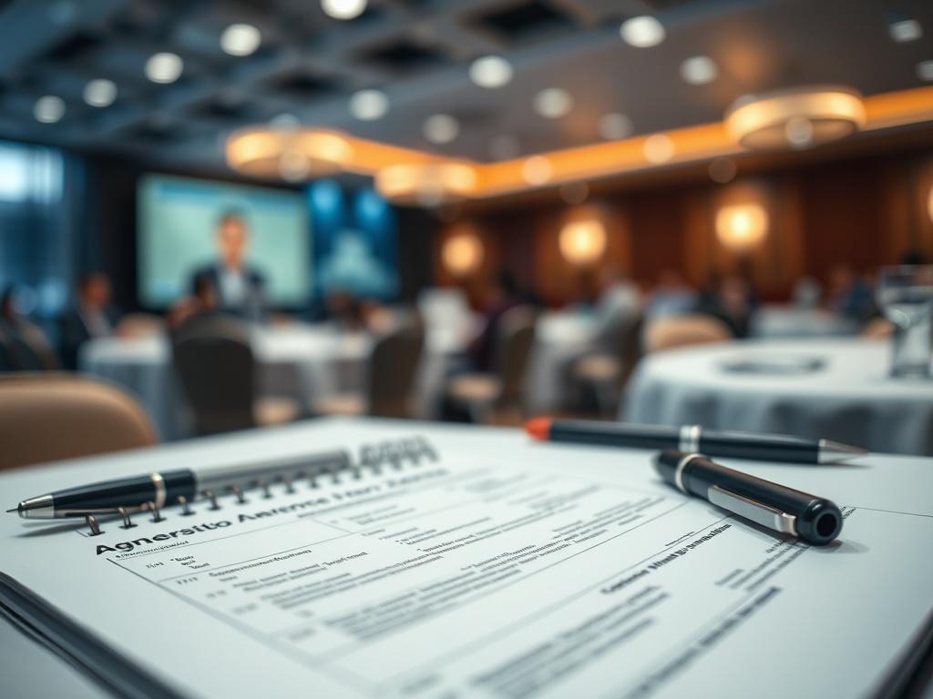 A realistic high-resolution photo of a conference agenda on a table, with a pen beside it, and a blurred conference environment in the background, shot with a 45mm f/1.2 lens style.