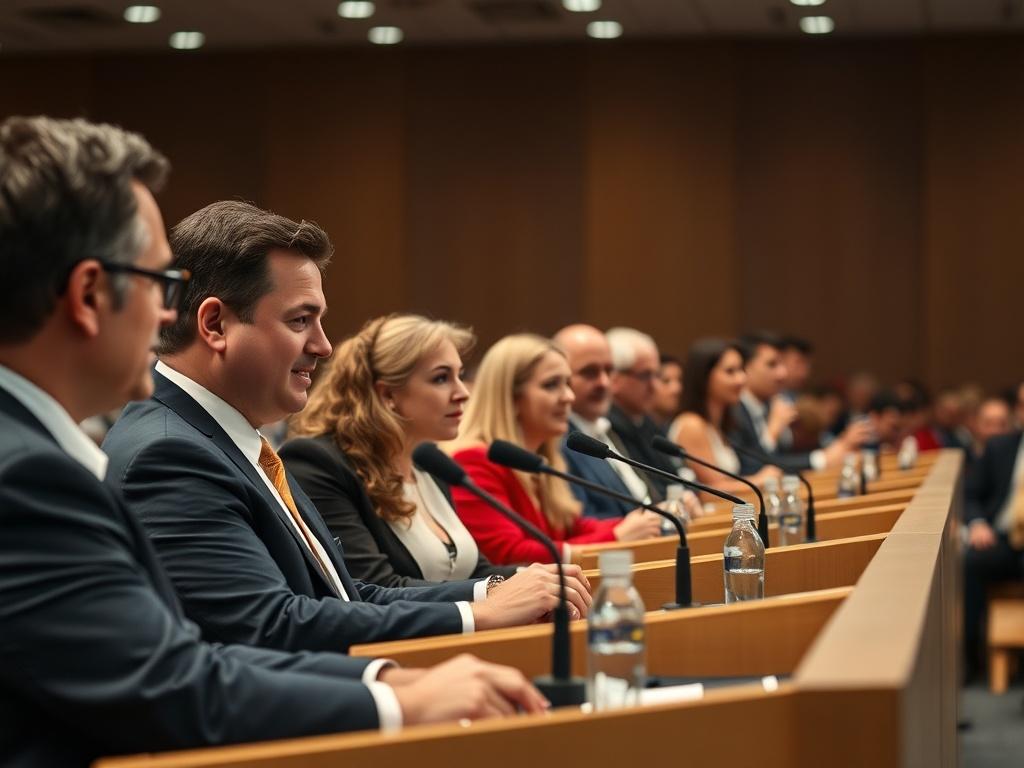 A realistic high-resolution photo of a diverse group of speakers at a podium during a conference, with an audience in the background, captured in a clear and focused manner, shot with a 45mm f/1.2 lens style.