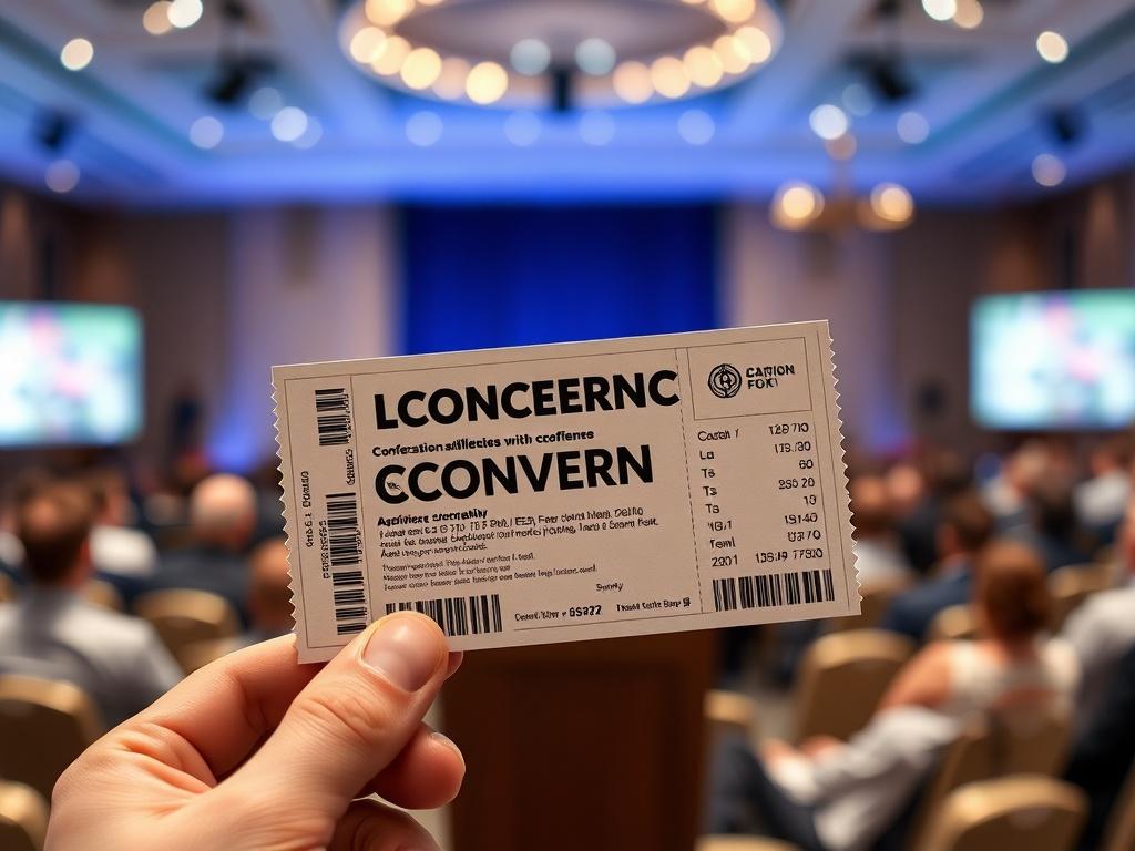 A realistic high-resolution photo of a conference ticket with a background representing a conference setting, such as a podium and audience blurred in the background, focusing on the ticket in the foreground, shot with a 45mm f/1.2 lens style.