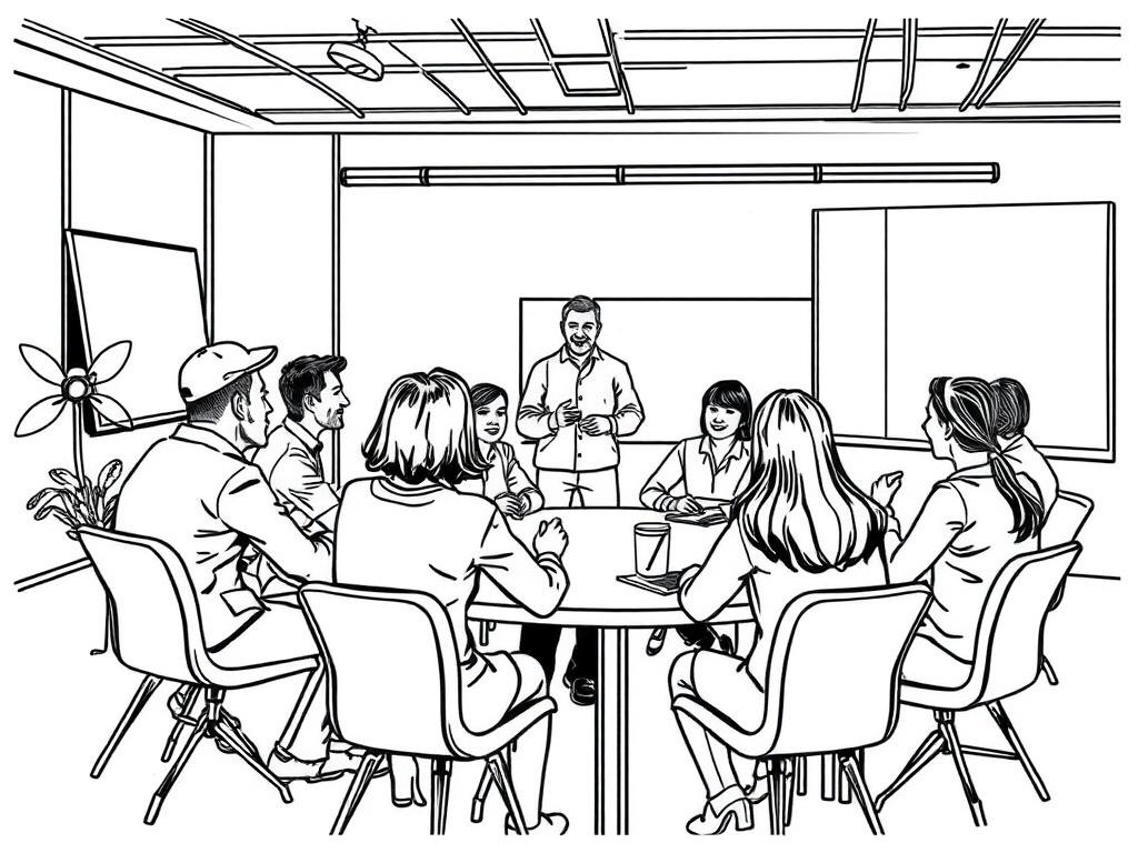 An engaging illustration of a workshop setting with participants actively discussing and a facilitator guiding the session, rendered in crisp, solid black line drawing style. The colors should be compatible with rgb(50, 170, 39), showcasing an interactive and collaborative environment.