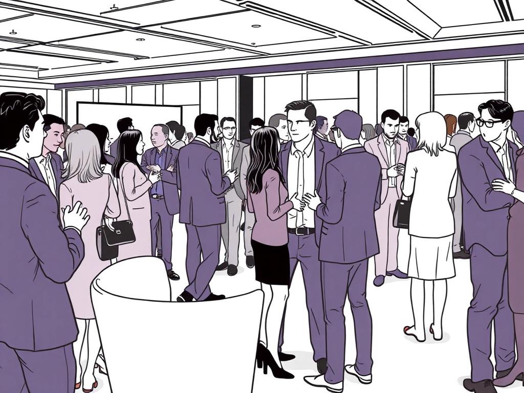 A sophisticated illustration of a VIP networking event with professionals engaged in conversation and exchanging ideas, rendered in crisp, solid black line drawing style. The colors should be compatible with rgb(50, 170, 39), reflecting an elite and high-value networking atmosphere.