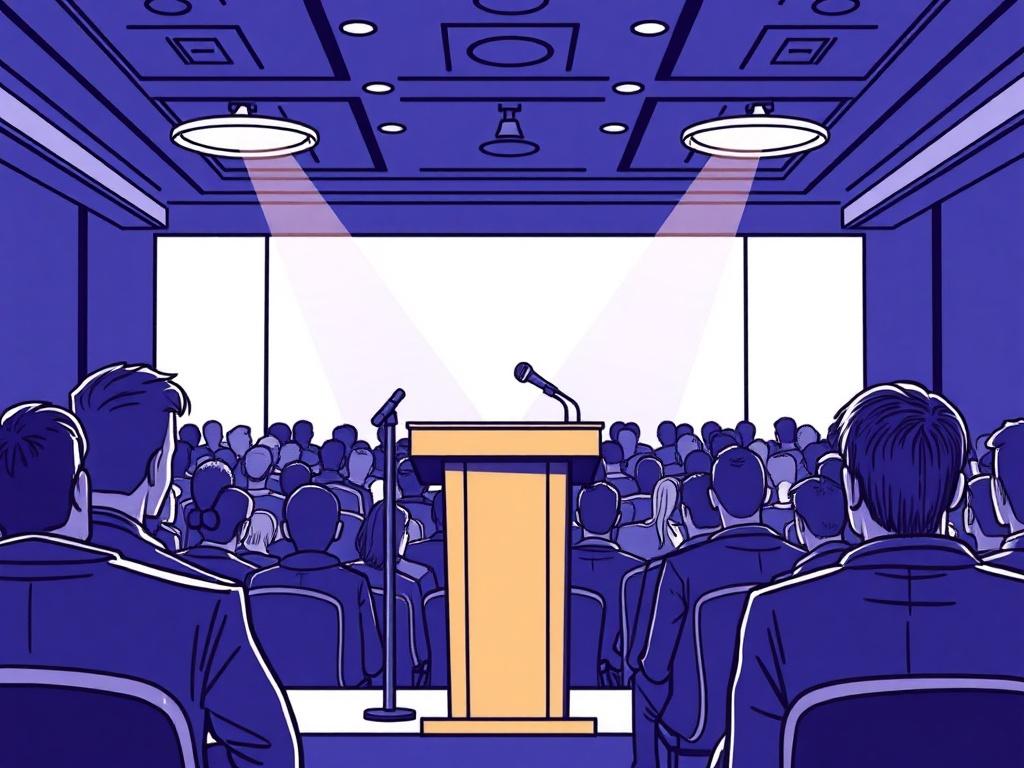 A clear illustration of a conference setting with a podium, a microphone, and an audience in the background, rendered in crisp, solid black line drawing style. The colors should be compatible with rgb(50, 170, 39), emphasizing the speaker and the engaging atmosphere.