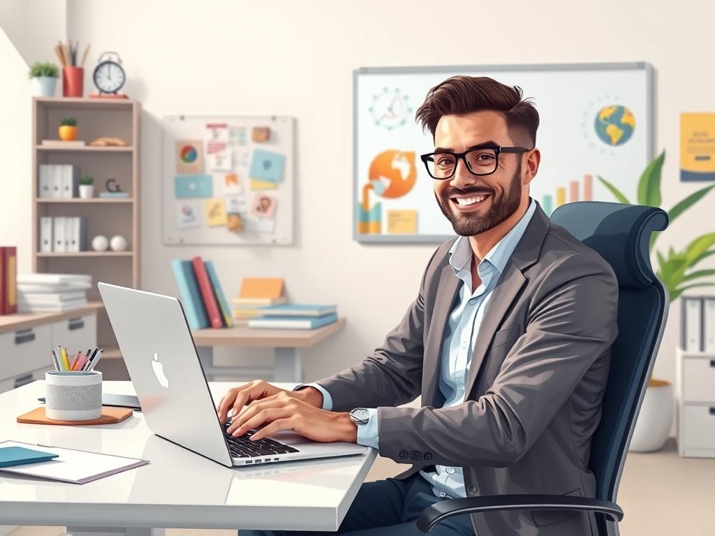 A professional marketing consultant sitting at a desk with a laptop, engaging in a video call with a client. The setting is a well-organized office, with marketing materials and a whiteboard in the background, creating an inviting and productive atmosphere. The consultant appears engaged and knowledgeable, showcasing a friendly demeanor. The overall composition should emphasize professionalism and approachability, with clear lighting and a focus on the consultant's expressions.