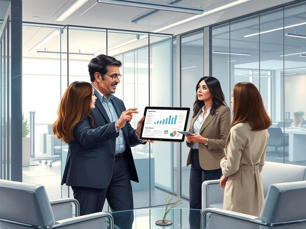 An experienced marketing consultant discussing advanced strategies with a diverse group of professionals in a sleek office. The consultant utilizes a digital tablet to highlight key metrics and insights. The atmosphere is collaborative, with team members engaged in discussion. The office is modern and stylish, featuring glass walls and sleek furniture, enhancing the professional tone of the meeting.