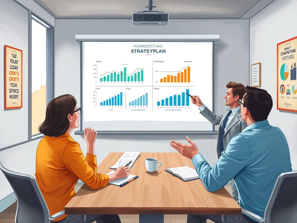A marketing consultant presenting a strategy plan to a small group of enthusiastic clients in a modern conference room. The consultant uses a projector to display charts and graphs, emphasizing growth strategies. The clients appear engaged and interested, taking notes. The background features a large window with natural light, and the room is decorated with motivational posters, creating an inspiring and collaborative environment.