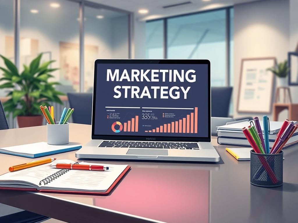 A detailed illustration of a marketing strategy template displayed on a sleek desk, surrounded by office supplies like a laptop, notepad, and colorful pens. The background features a modern office setting with soft lighting to create a professional atmosphere.
