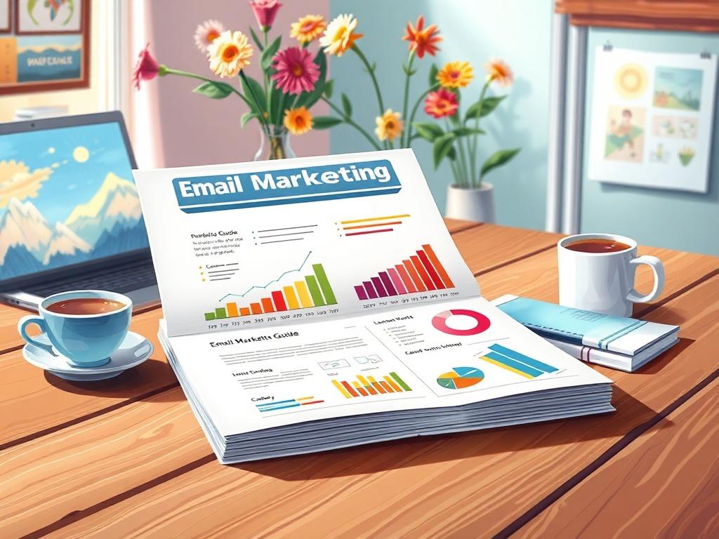 A vibrant illustration of an email marketing guide on a wooden table, featuring colorful charts and graphics. The background includes an inviting workspace with a laptop, coffee cup, and a bunch of flowers, creating a warm and productive vibe.