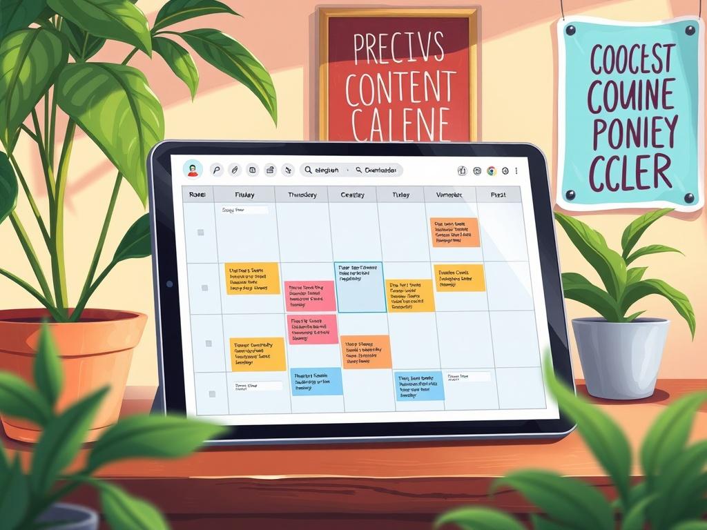 An engaging illustration of a social media content calendar on a digital tablet, with colorful posts and notes highlighted. The setting includes a cozy workspace with plants and a motivational poster in the background, evoking creativity and inspiration.