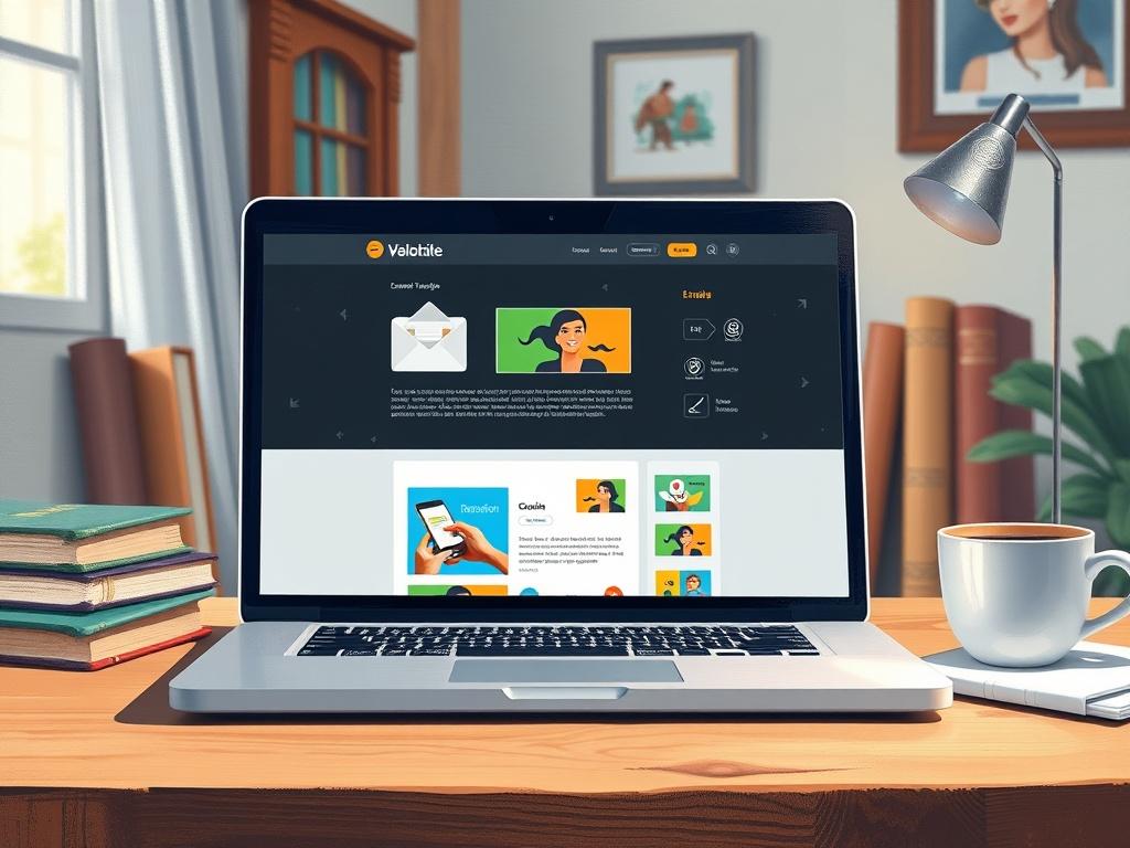 An artistic illustration of a laptop screen displaying a colorful email template, with various design elements like icons and images. The background includes a cozy office space with books and a coffee cup, suggesting a creative work environment.