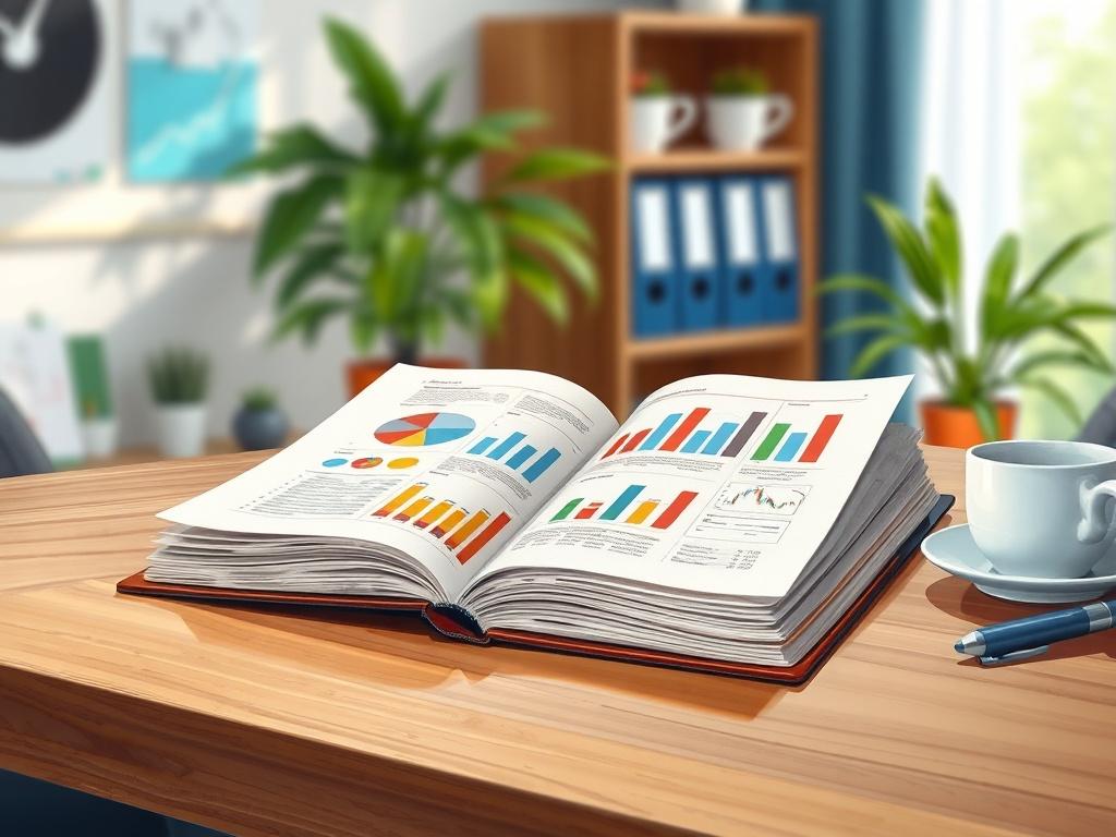 A detailed illustration of an open workbook with colorful charts and graphs, set on a wooden table. The background features a softly blurred office environment with plants and a coffee cup, emphasizing a productive workspace.