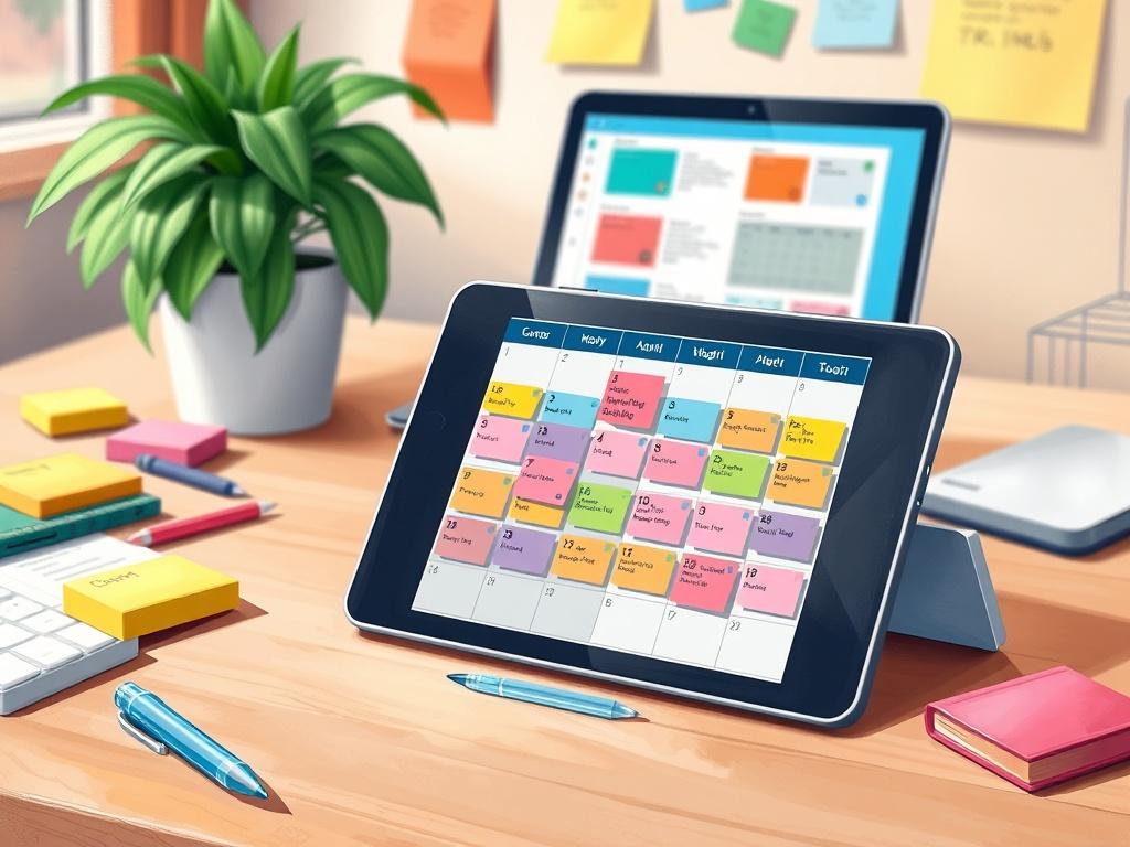 A vibrant illustration of a digital content calendar displayed on a tablet, surrounded by colorful sticky notes and a pen. The background shows a lively workspace with a laptop and plant, creating a creative atmosphere.