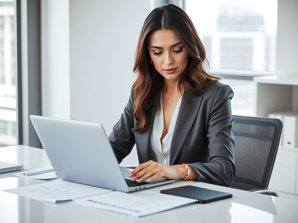 Professional reviewing strategy documents at a clean desk with laptop
