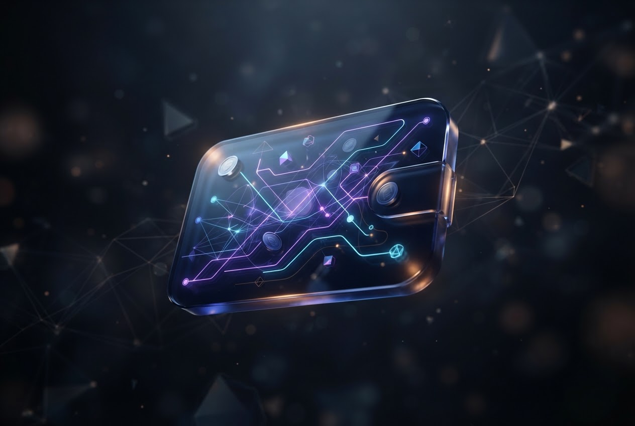 Abstract digital wallet glass panel illuminated by a network of blockchain connections