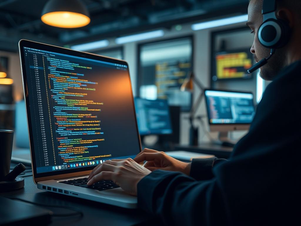 A software developer coding and customizing ERPNext software on a
