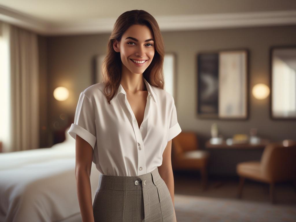 A beautiful young woman in a stylish outfit, smiling warmly