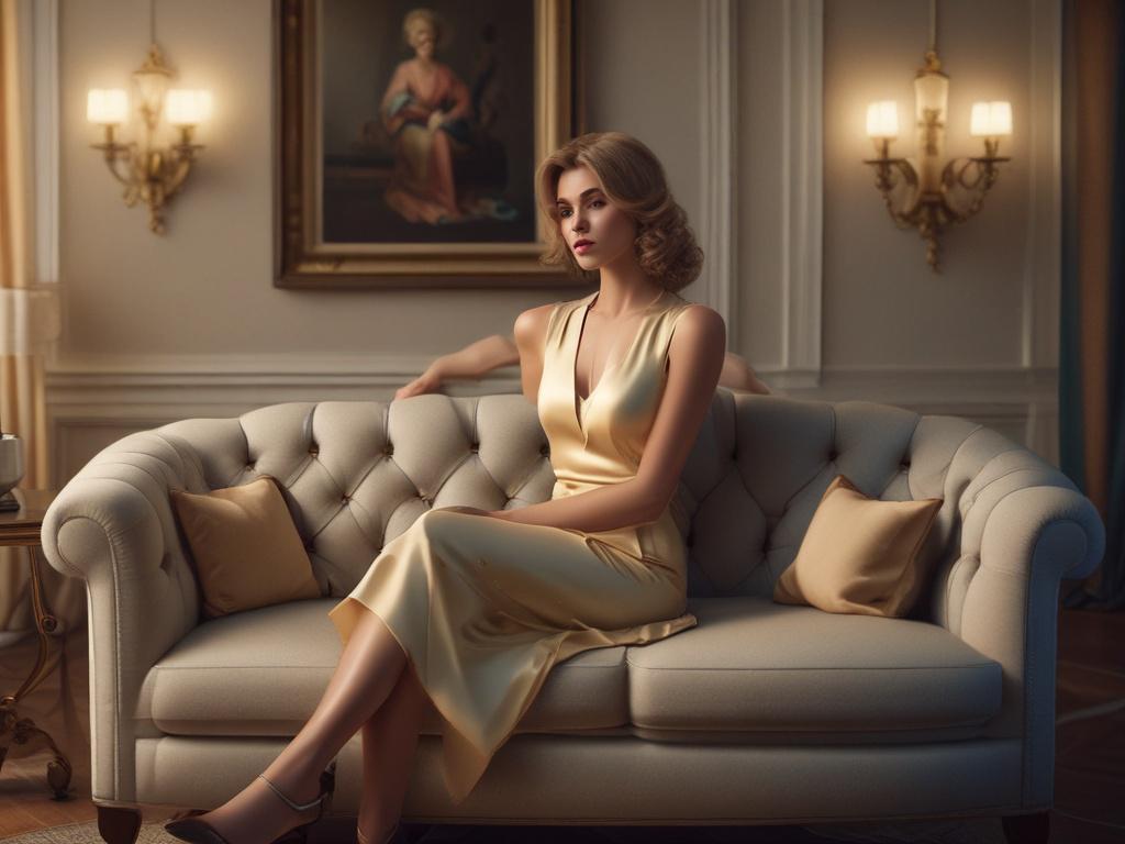 An elegant housewife in a chic dress, sitting gracefully on